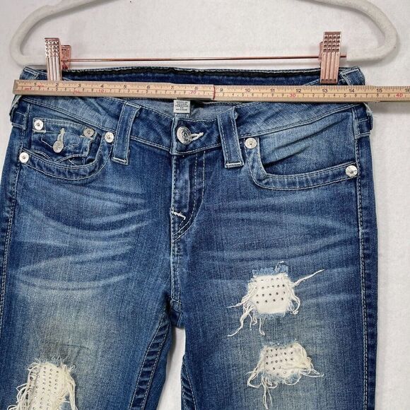 Vintage True Religion Jeans Women 28 Blue Boot Cut Distressed Rhinestones Y2K - Picture 10 of 15